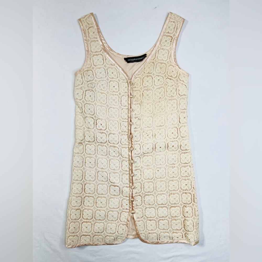 Vintage 1960s Paraphernalia Off White Pink Crochet Lace Satin Button Mini Dress